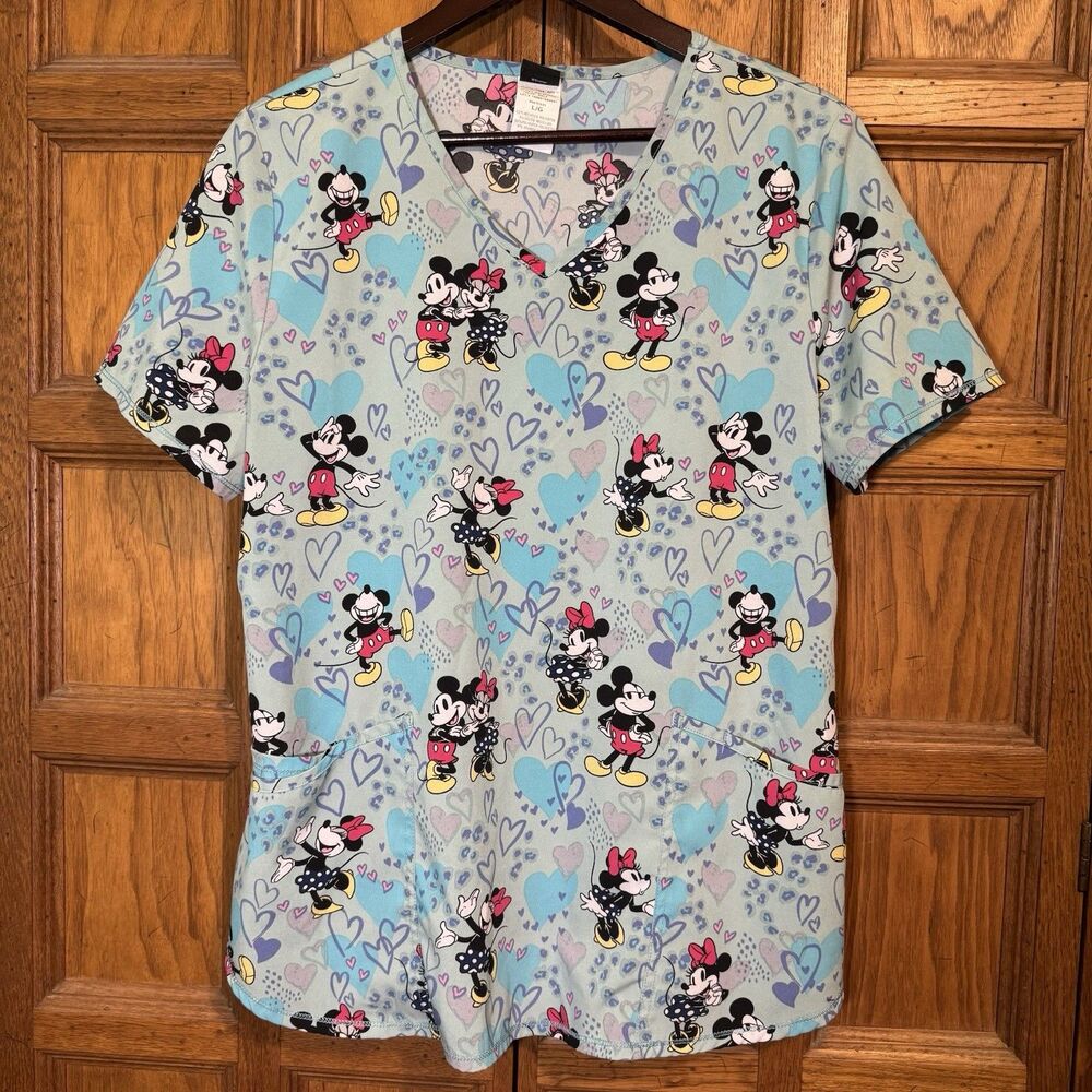 Disney Mickey & Minnie Top Womens L Multicolor Poly Blend Scrubs 4 Pocket V-Neck